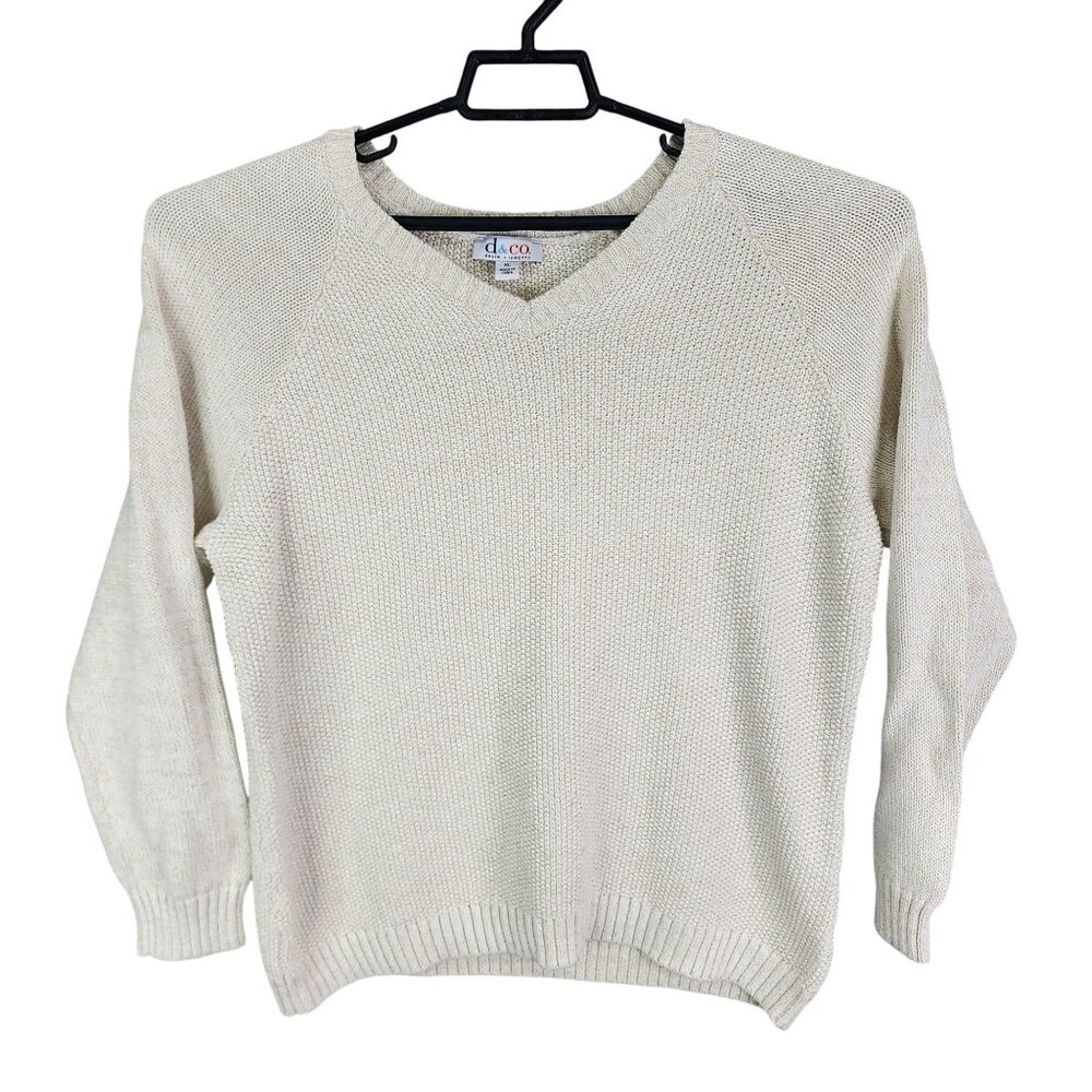 Womens Denim & Co Beige & Metallic Gold Knit Sweater V Neck Long Sleeve Size XL